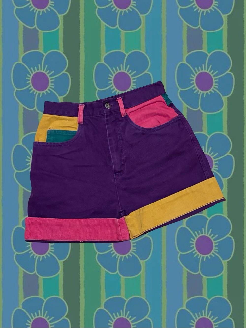 Vintage High-Waist Colorblock Shorts - Purple with Pink, Yellow & Teal Accents